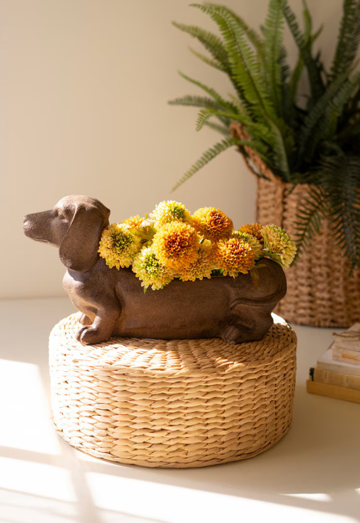 A brown ceramic dachshund-shaped planter filled with yellow and orange flowers, sitting on a round woven wicker pedestal. A green potted fern is visible in the background against a warm beige wall.