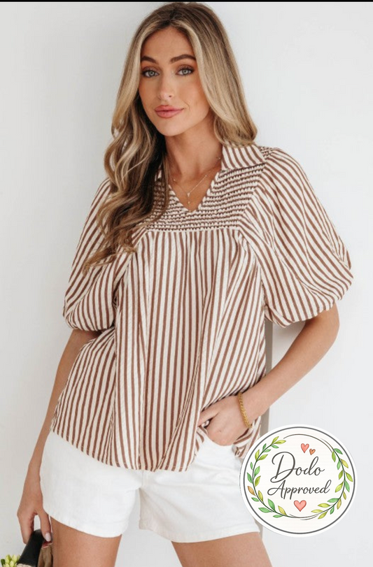 Stripe Shirred V-Neck Short Puff Sleeve Blouse