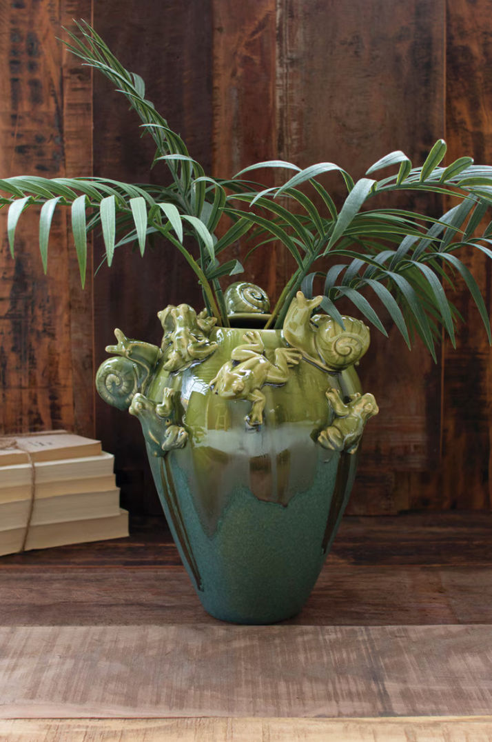 Green ceramic vase with fogs and snails 
