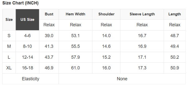 Size chart for clothing measurements in inches with US size categories.