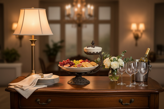 Acanthus chip and dip server on elegant antique buffet with wine and entertaining setup