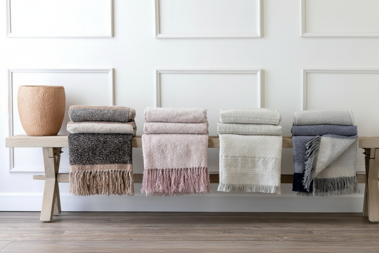 Alpaca wool throws stacked on bench without tag