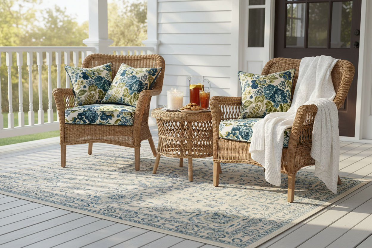 Back Porch candle on southern porch with wicker chairs and cozy details