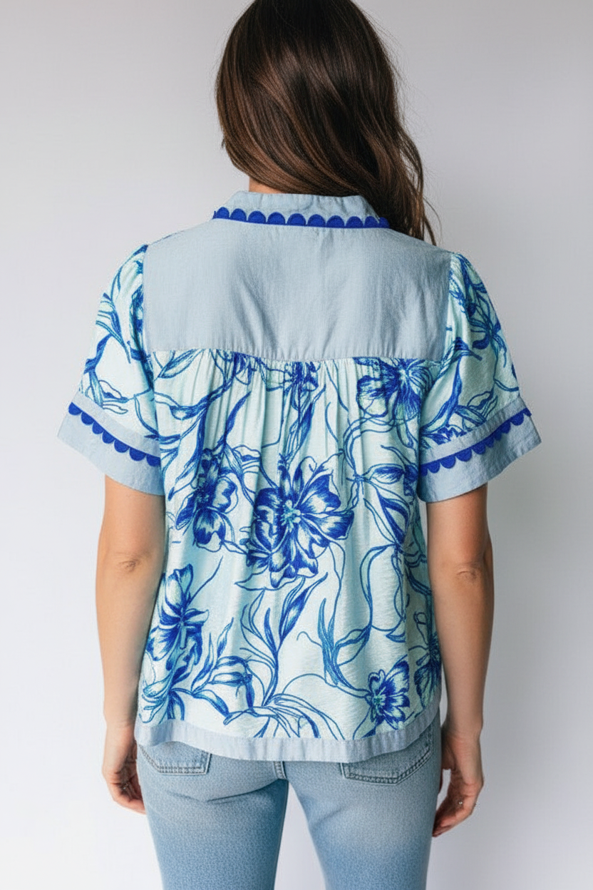 Back view blue floral tunic