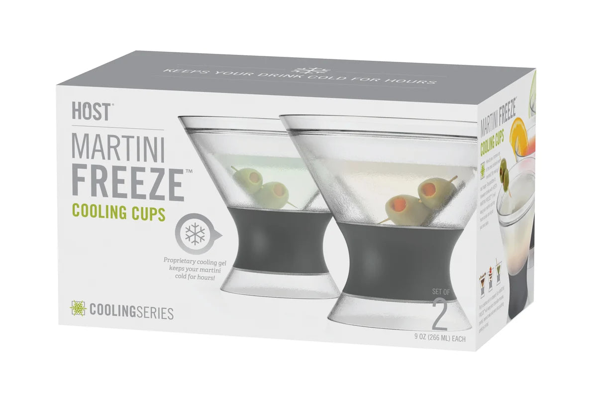 Box of Martini Freeze cooling cups with two glasses on a white background