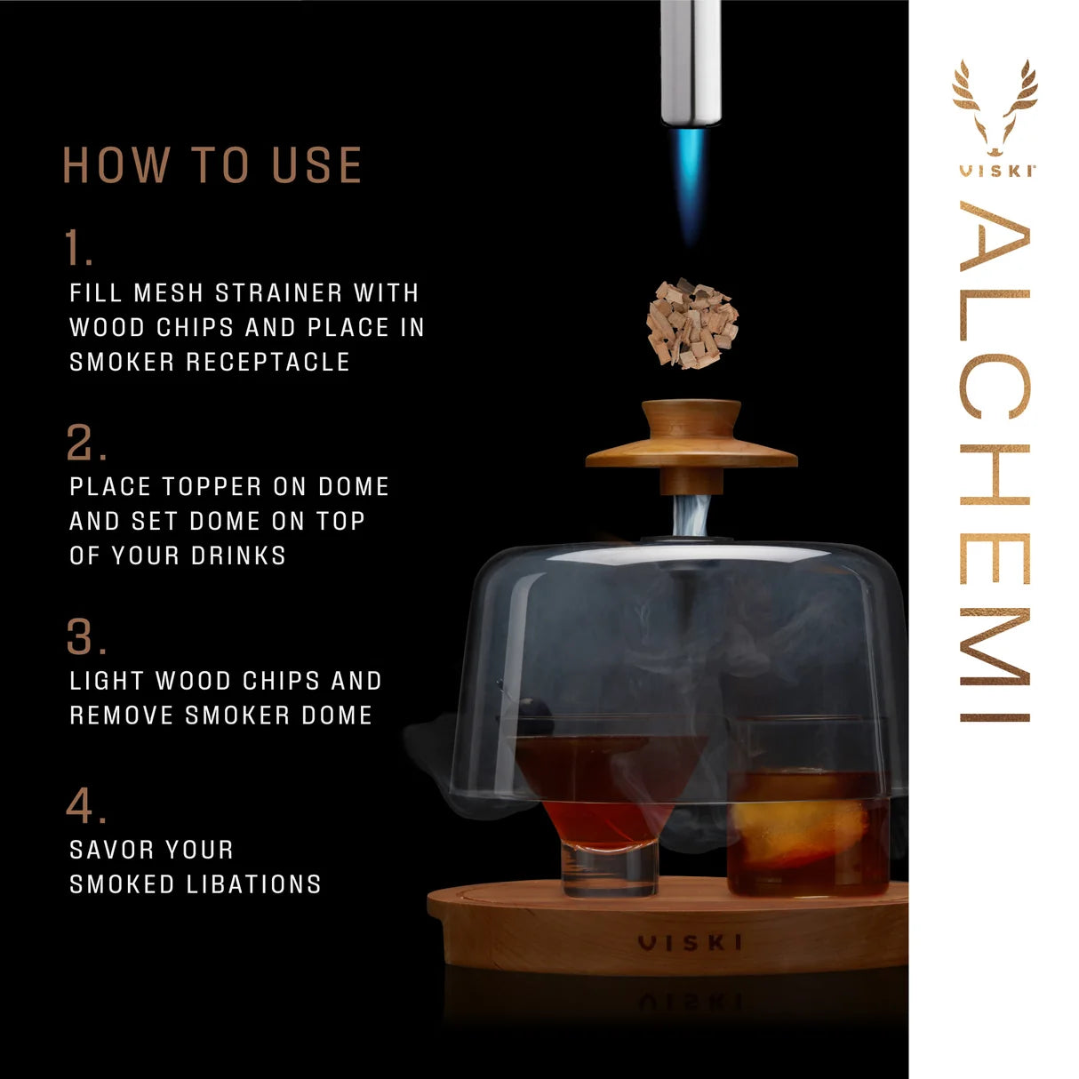 Viski Alchemi smoking device with step-by-step instructions on a black background