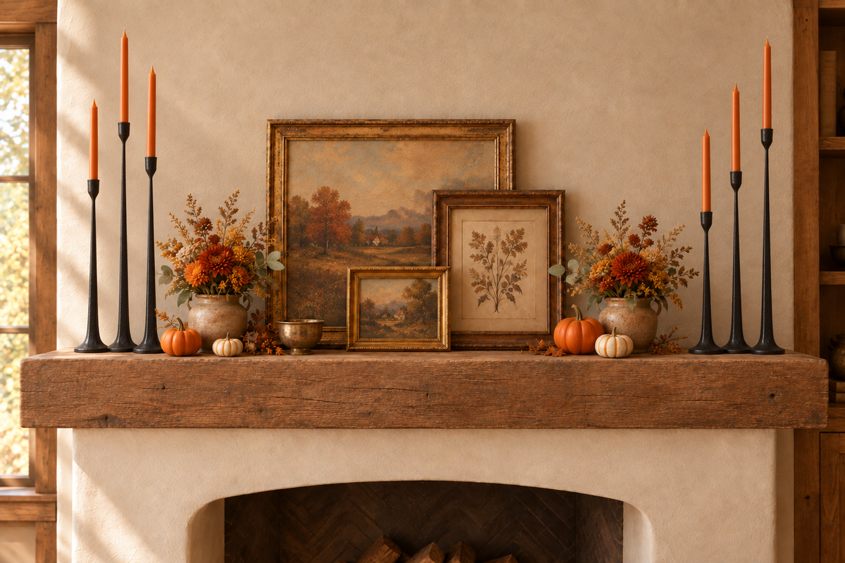 Fall mantel with taller, slender black candle holders matching the product reference