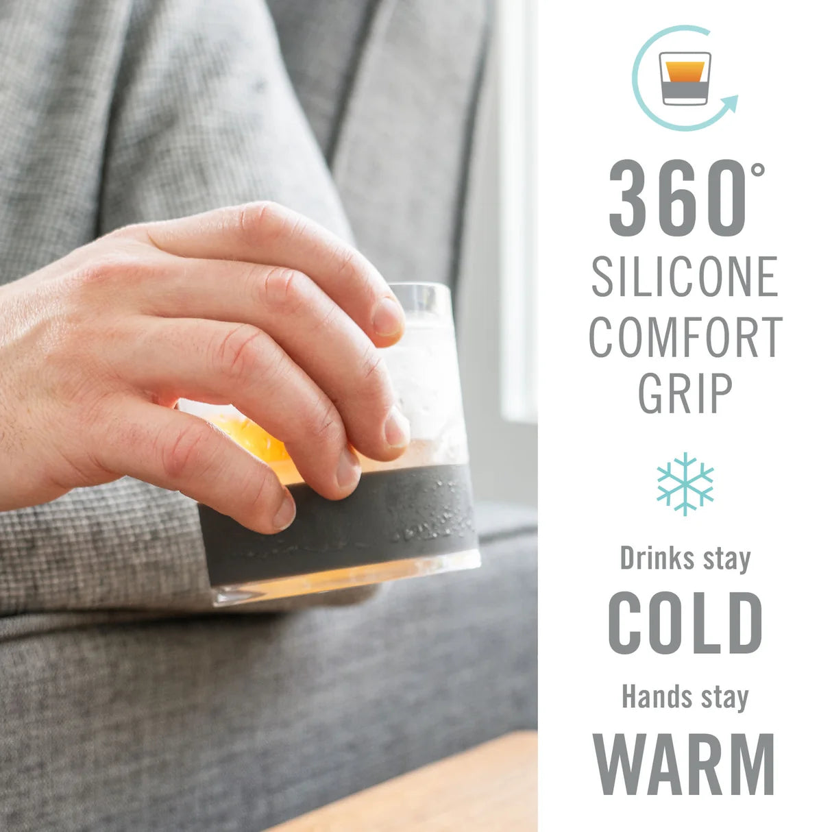 Hand holding a clear glass with a black silicone grip, featuring text about 360-degree silicone comfort grip.