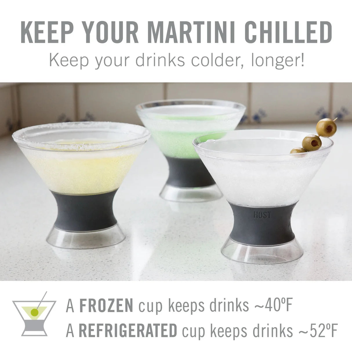 Three martini glasses with clear bowls, dark gray silicone bands, and clear bases are shown on a countertop. Large text at the top reads 'KEEP YOUR MARTINI CHILLED' and smaller text at the bottom explains drink temperature retention.