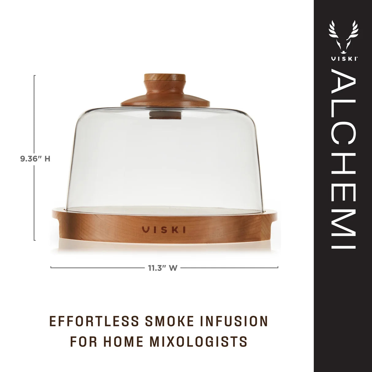 Viski Alchemi smoke-infusion device with dimensions and branding on a white background