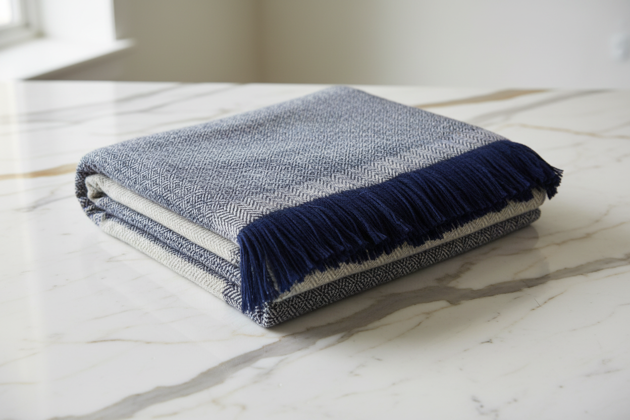 Folded alpaca wool throw on white granite with gold veins