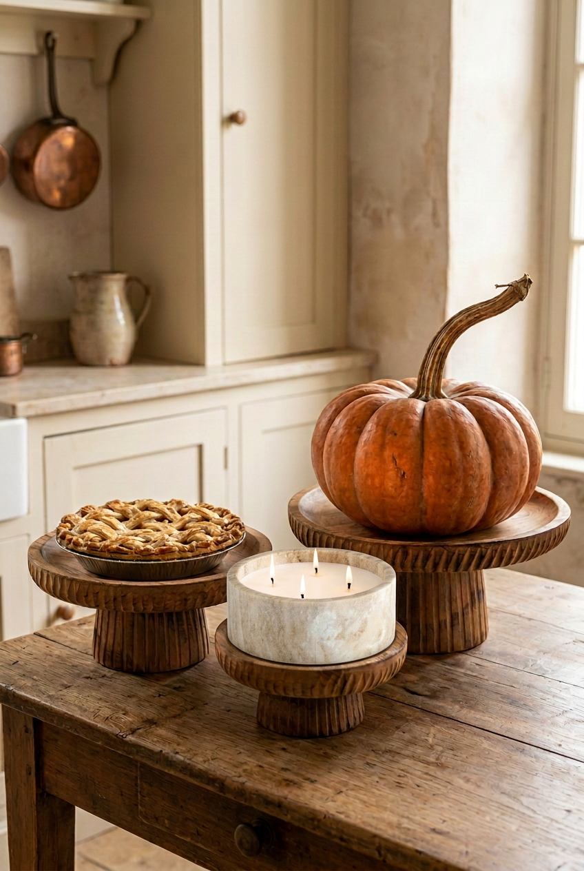 French country display with the four-wick bowl candle sitting on a stand with  other stands on the same table one with a pumpkin and one with a pie

