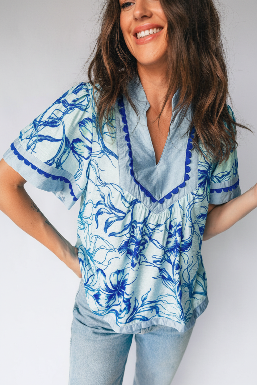 Front view blue floral tunic