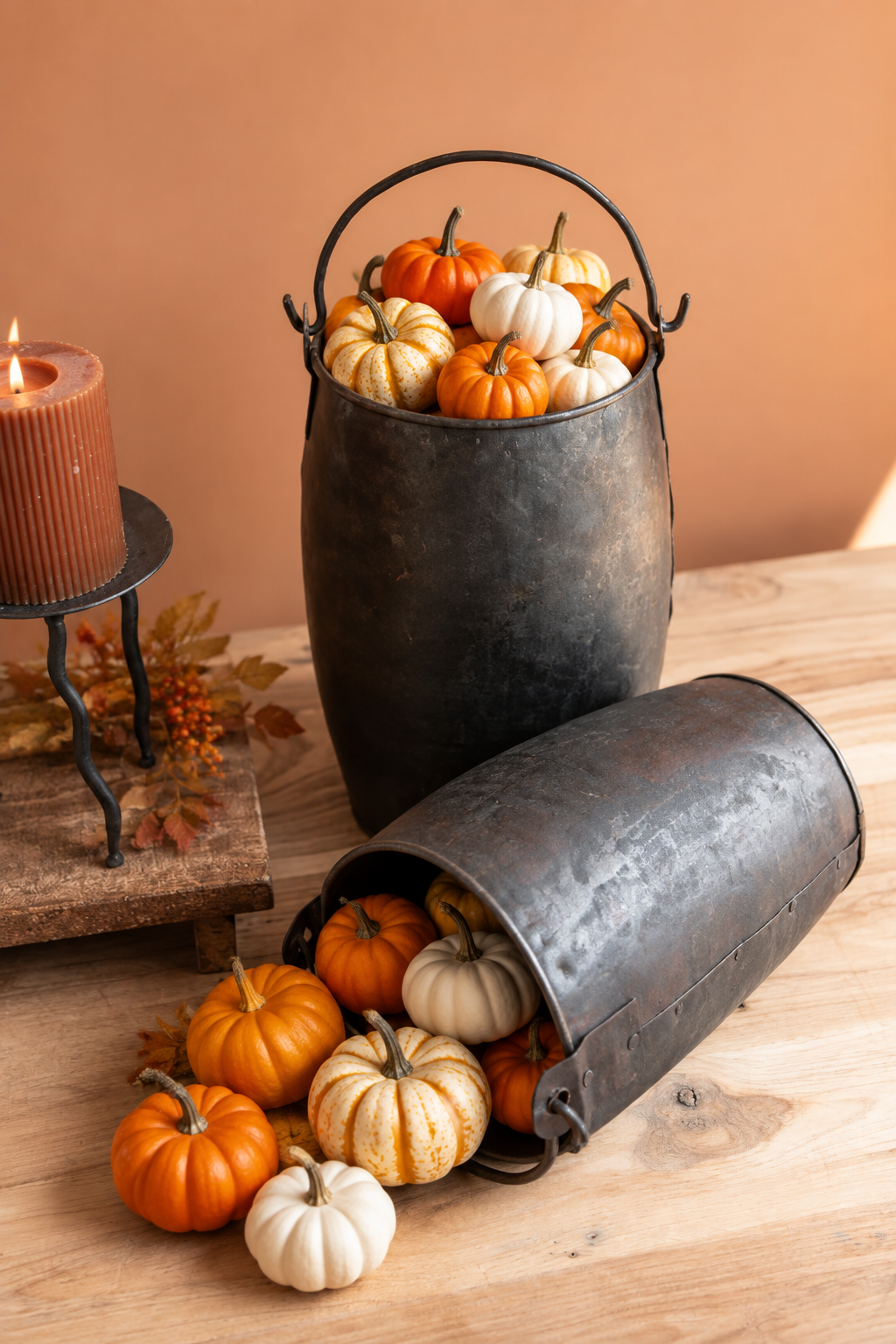 Hammered Iron Buckets with Small Pumpkins