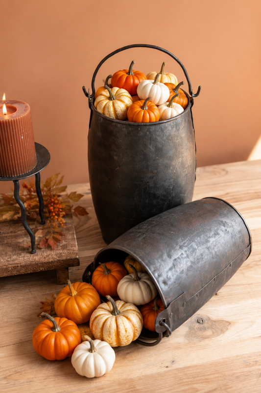 Hammered Iron Buckets with Small Pumpkins