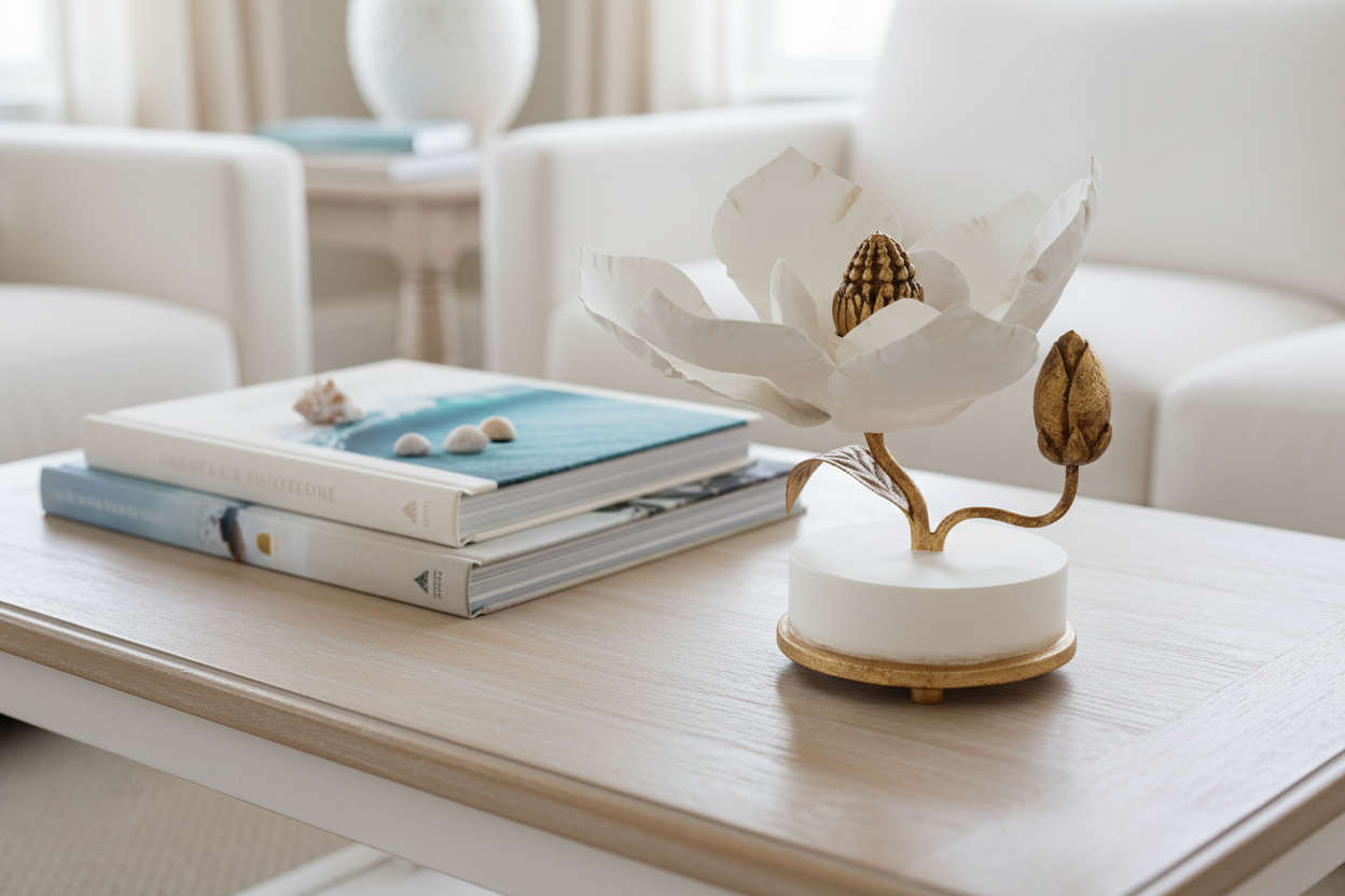 Hand Sculpted Magnolia Candle Holder with off-white ocean book