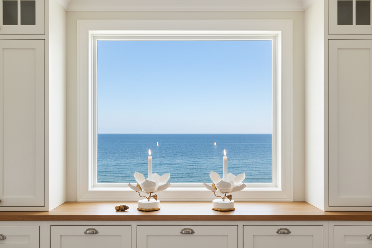 Hand Sculpted Magnolia Candle Holders on kitchen window sill with ocean view