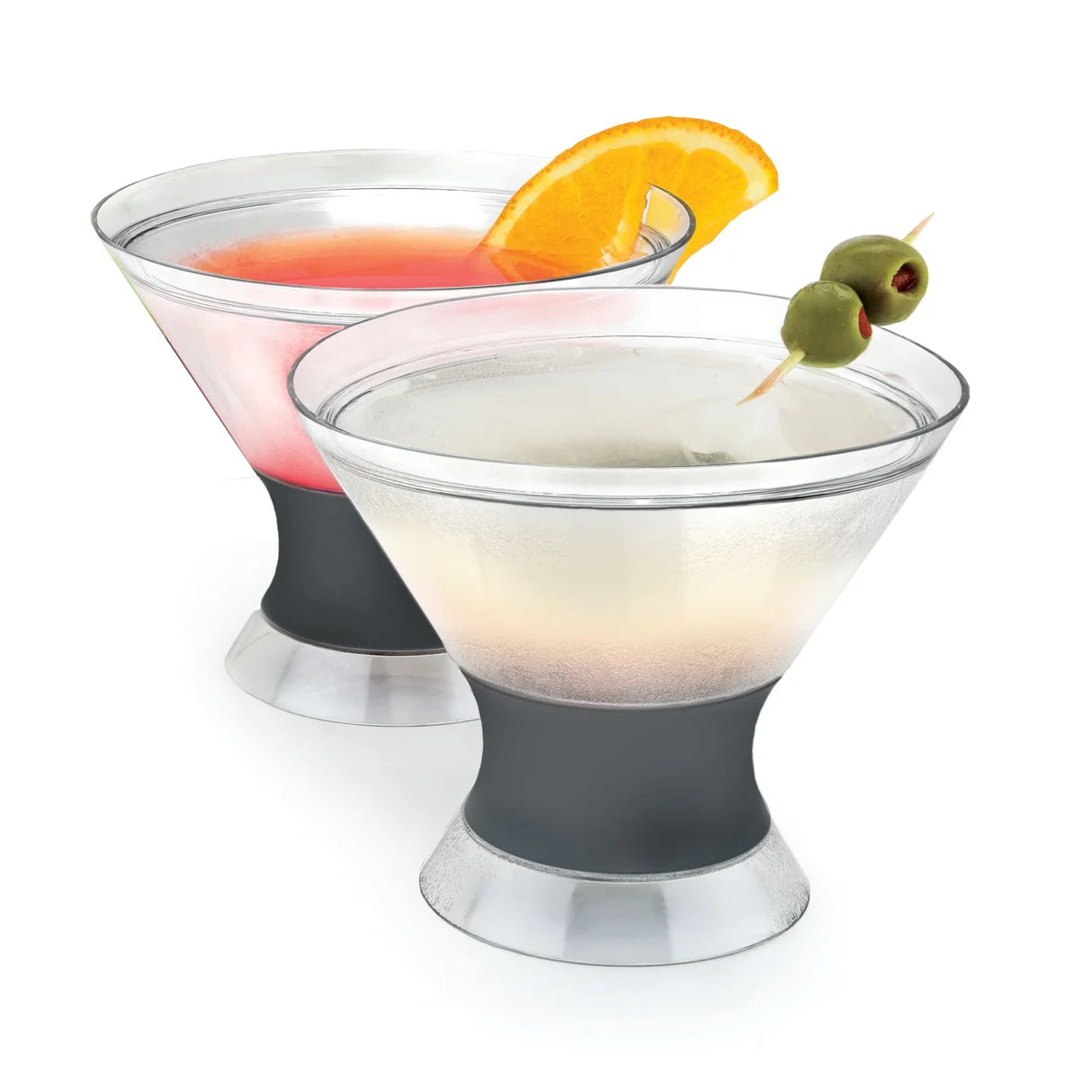 Two cocktail glasses with garnishes on a white background