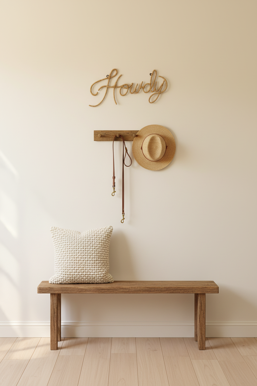 Howdy Sign, Hook, and Bench - Clean Vertical Stack