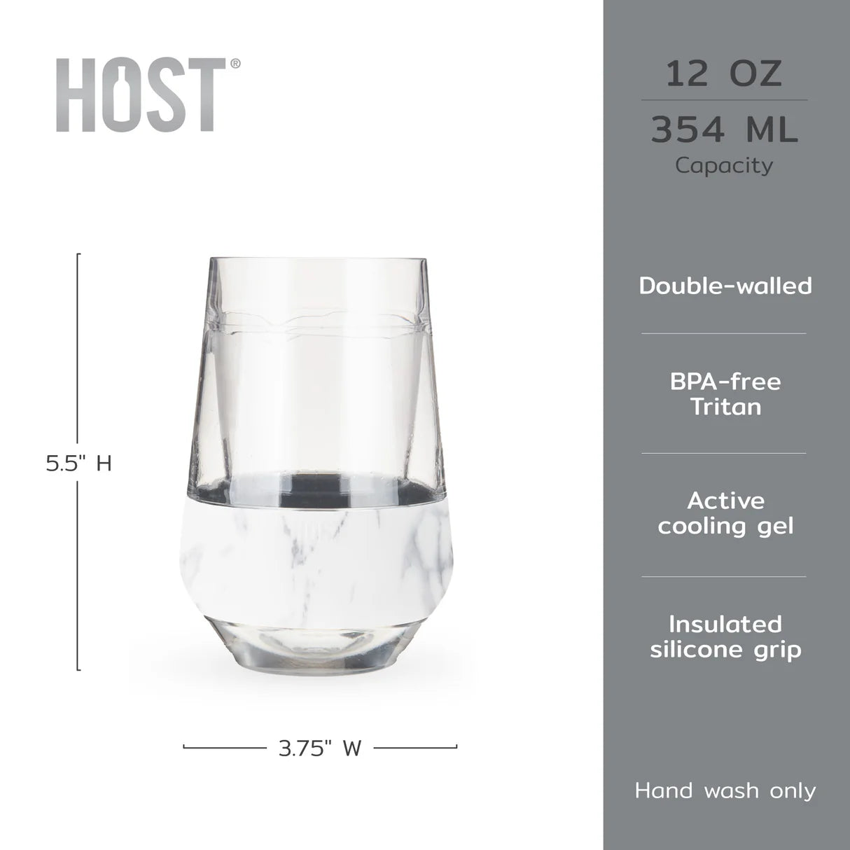 A clear double-walled insulated glass with a white marble-look lower section, shown on a white background with a gray info panel. The image includes HOST branding and text noting 12 oz / 354 ml capacity, dimensions, double-walled construction, BPA-free Tritan, active cooling gel, insulated silicone grip, and hand wash only.