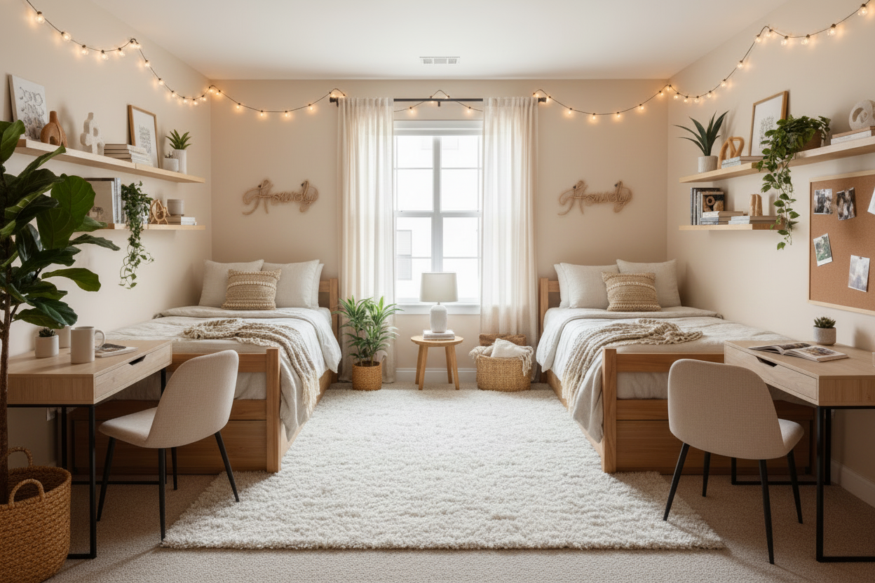 Seagrass and iron Howdy wall decor styled in a cozy neutral college dorm room with off-white walls, two twin beds, desks, bookshelves, and a plush rug