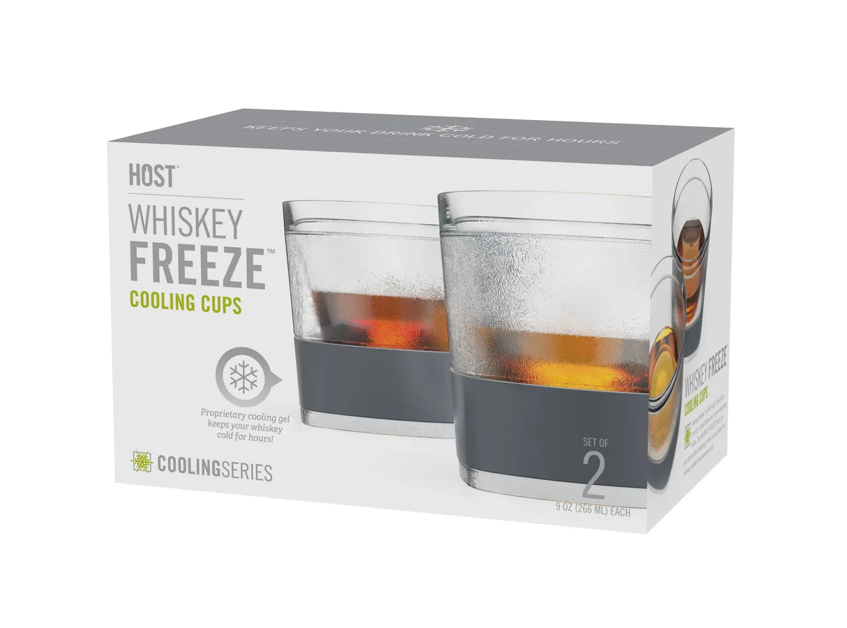 Box of Whiskey Freeze cooling cups with images of glasses on a white background