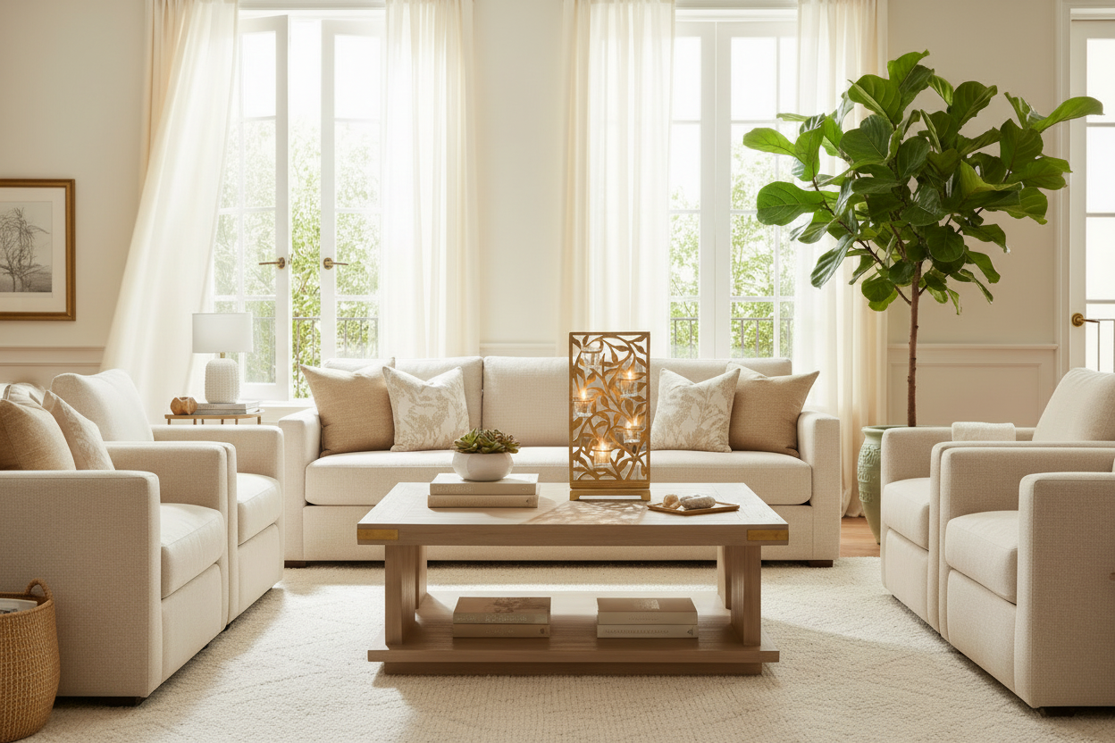 Jasmine Vine Screen Votive Holder in living room with matching brass door handles