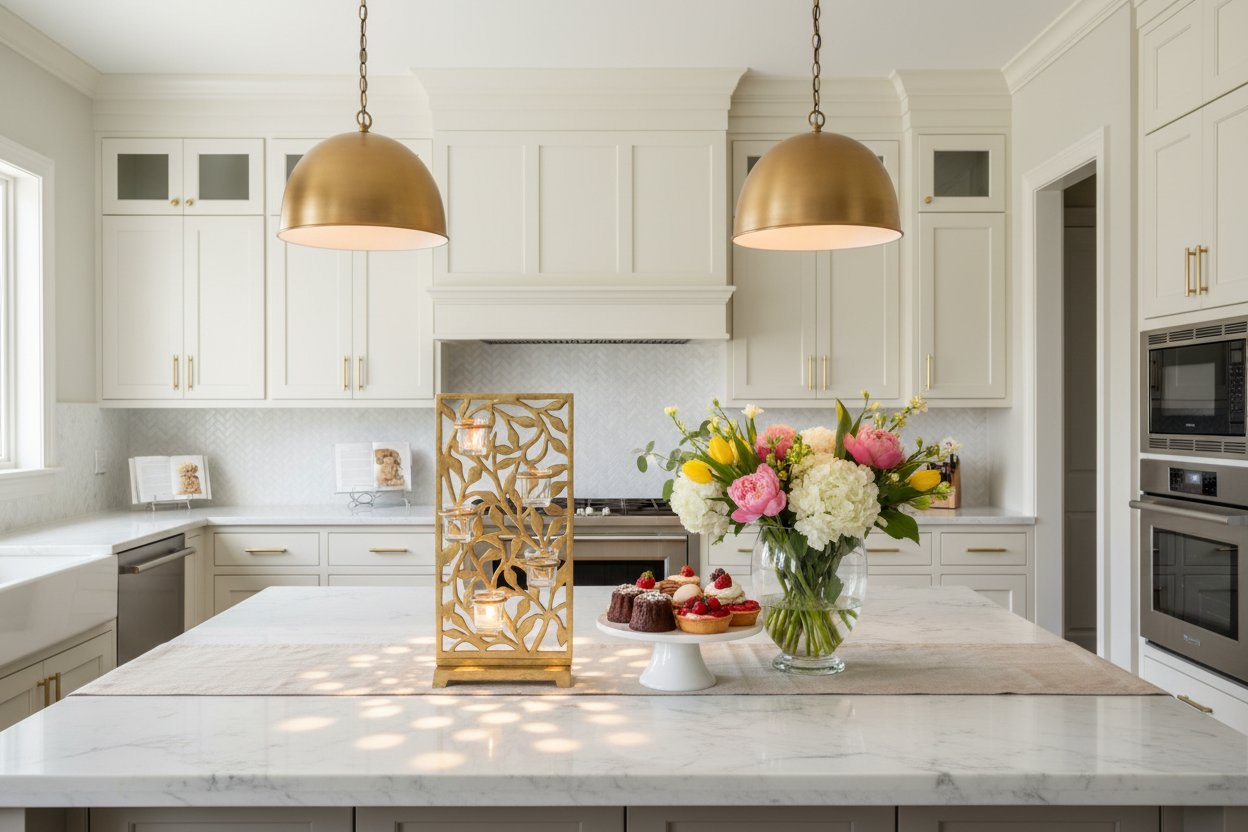 Jasmine Vine Screen Votive Holder positioned near desserts on kitchen island