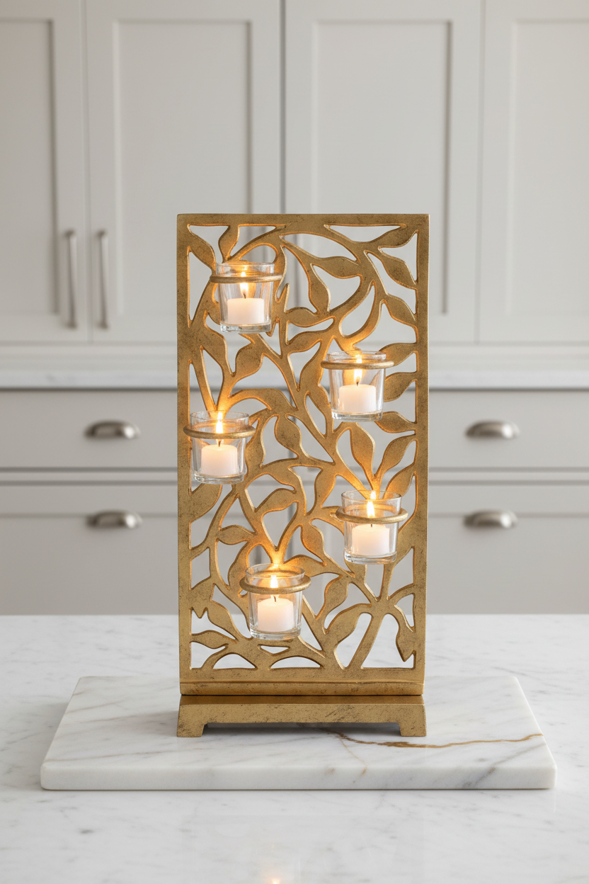 Jasmine Vine Screen Votive Holder with lit candles on marble