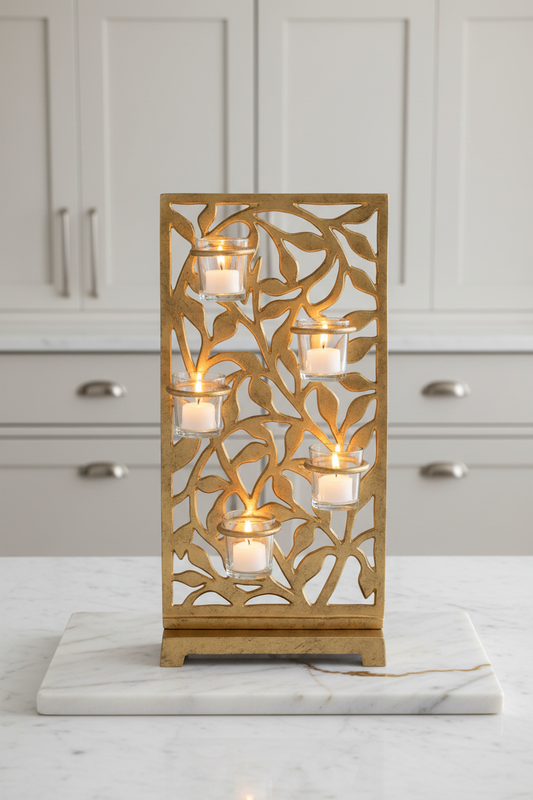 Jasmine Vine Screen Votive Holder with lit candles on marble