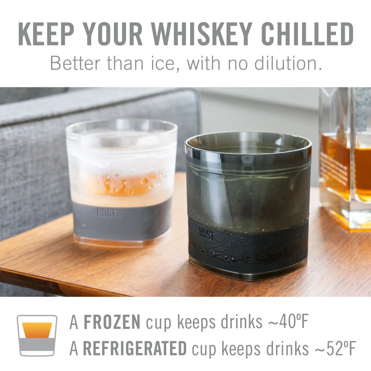 Two whiskey glasses with black silicone sleeves on a wooden surface, with text about keeping whiskey chilled.