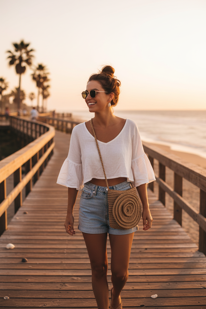 Model wearing spiral crossbody on beach boardwalk