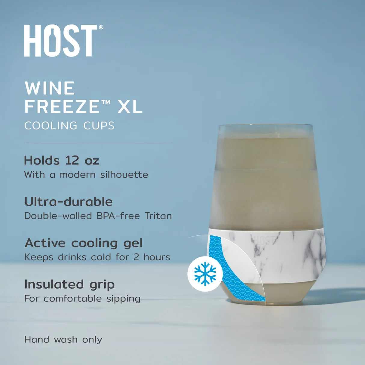 HOST Wine Freeze XL cooling cup in a light blue studio setting, shown with a marble-patterned sleeve around the base of a glass containing a pale drink. Text on the left lists features: holds 12 oz, ultra-durable, active cooling gel, insulated grip, and hand wash only.