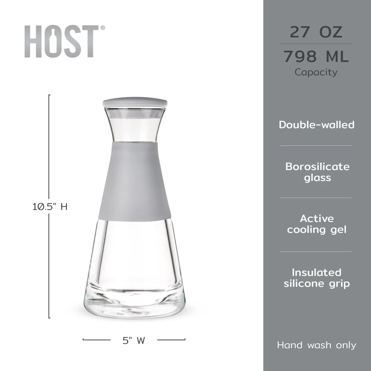 HOST 27 oz double-walled borosilicate glass water bottle with a gray silicone grip, shown with dimensions (10.5 inches high, 5 inches wide) and feature callouts on a white and gray background.