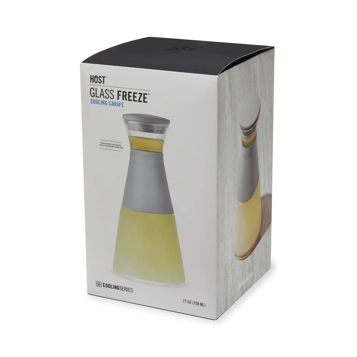 Box packaging of a glass freeze cooling carafe with a black lid.