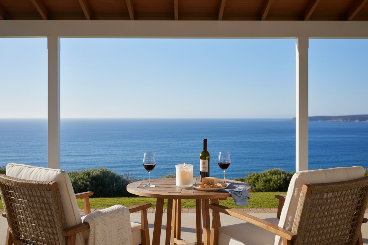 Park Hill candle on open patio with ocean view, wine and cheese
