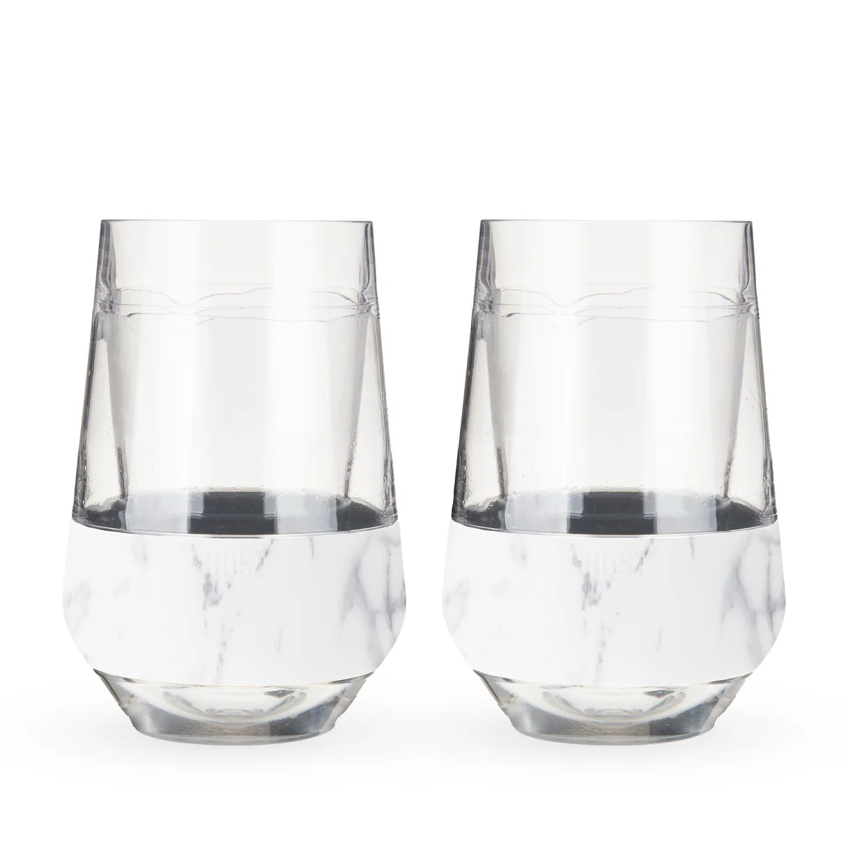 Two clear stemless wine glasses with a white marble-patterned lower half, shown side by side on a white background.