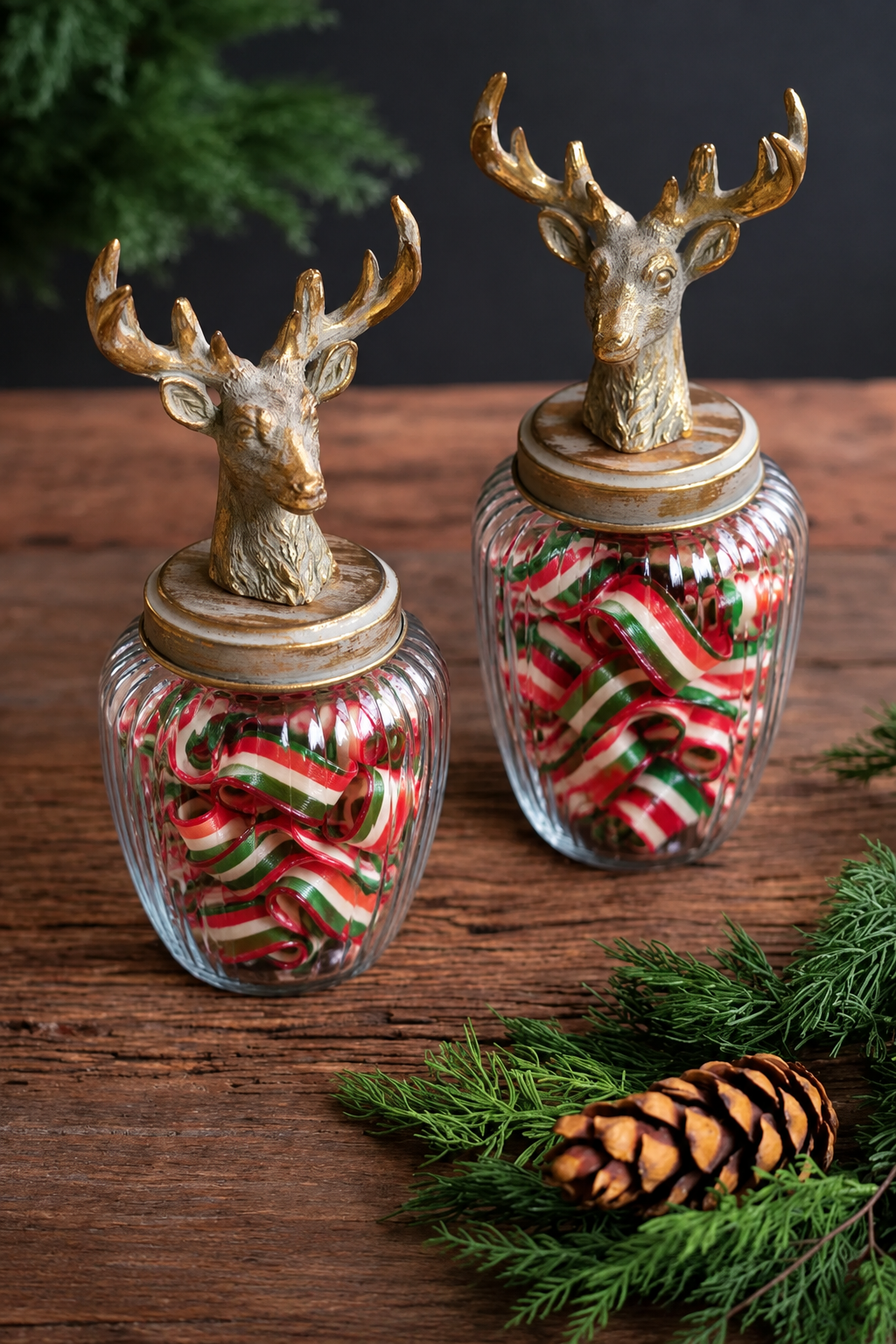 Reindeer-top glass jars filled with red, white, and green Christmas ribbon candy