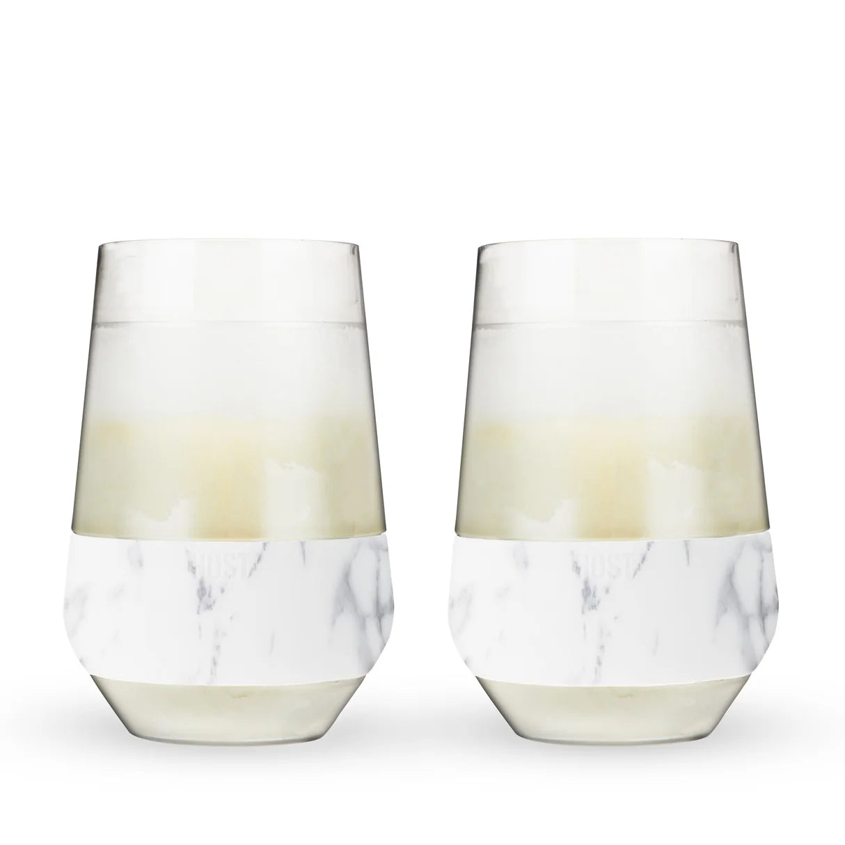Two stemless wine glasses with a frosted upper half and a white marble-patterned lower band, shown on a white background.