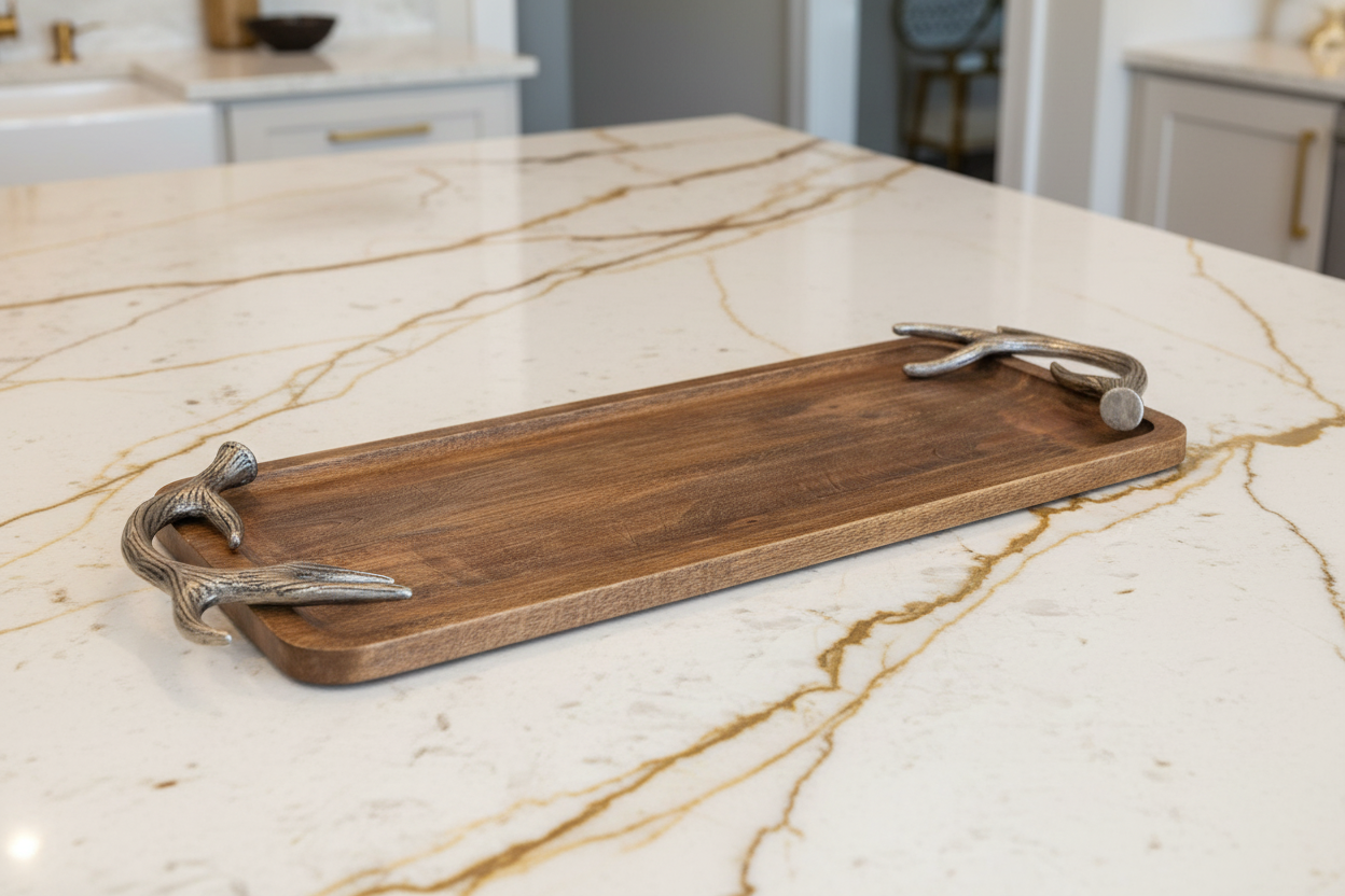 Serving tray on off-white granite with gold veins