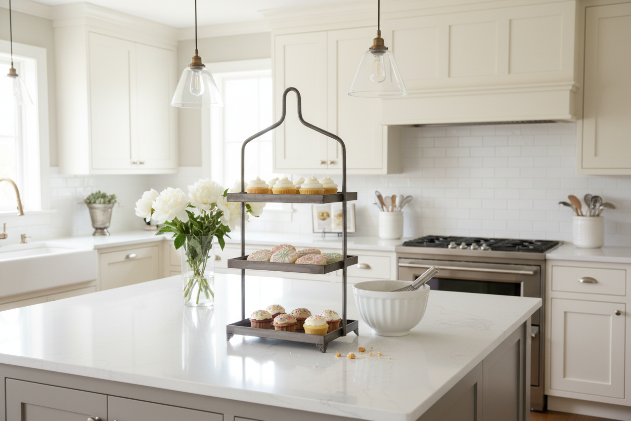 Three-tiered metal display with cookies and cupcakes on kitchen island