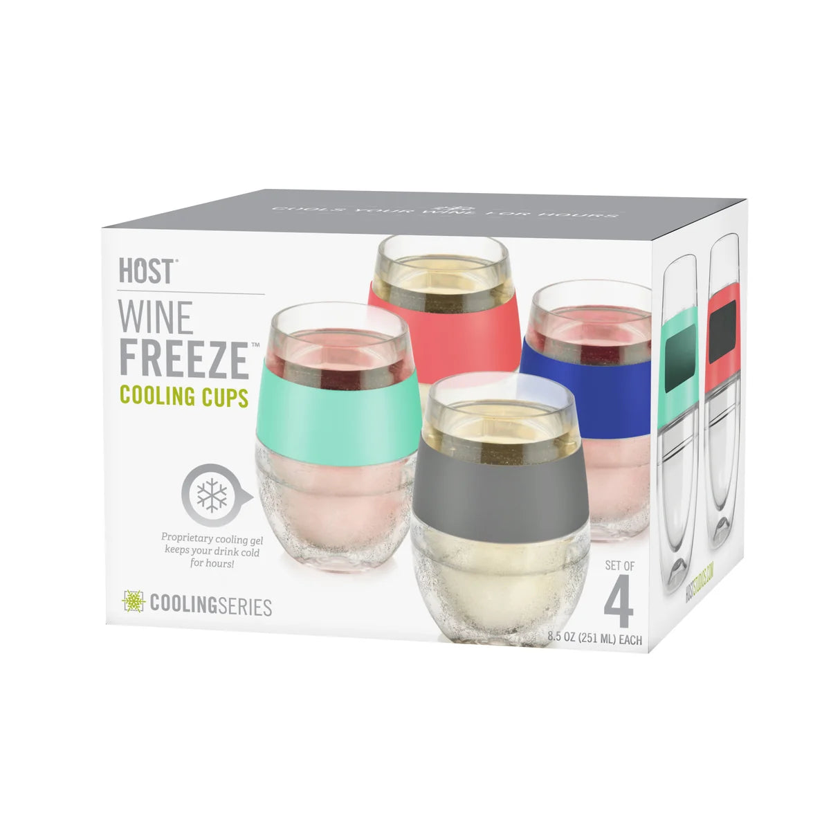 Cooling Series Host Wine Freeze Cooling Cups set of 4 in a white retail box, featuring four insulated wine glasses with different colored gel sleeves: mint green, coral pink, royal blue, and charcoal gray.