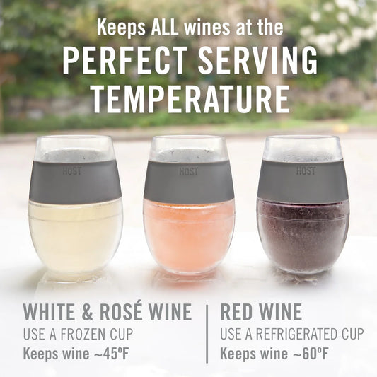 Three wine glasses with gray lids on a white surface, with text about wine temperature control.