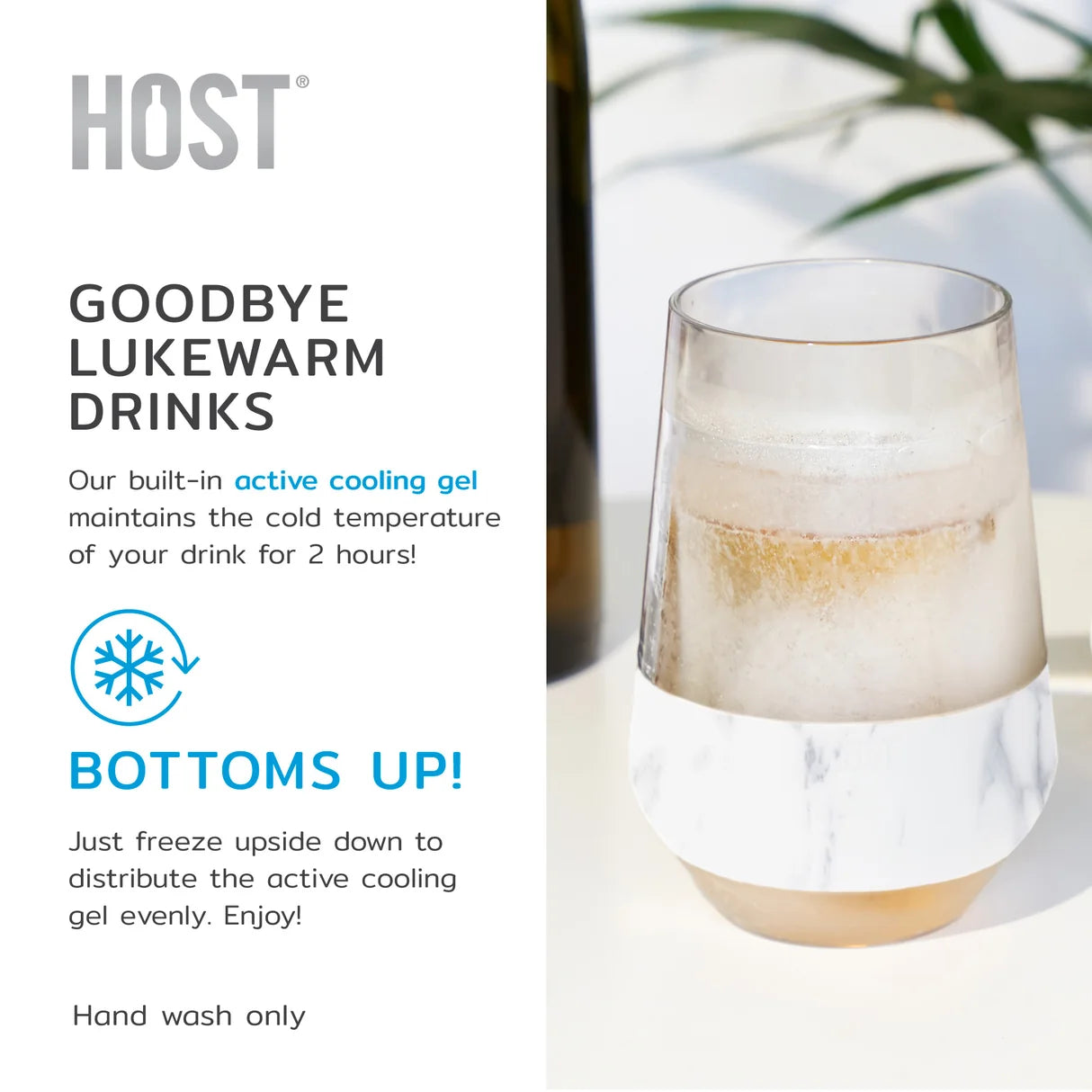 A glass with a white marble-patterned bottom and a clear upper body, shown on a white background with promotional text for HOST active cooling drinks. The glass contains a pale drink and is styled with a dark bottle and green leaves in the background.