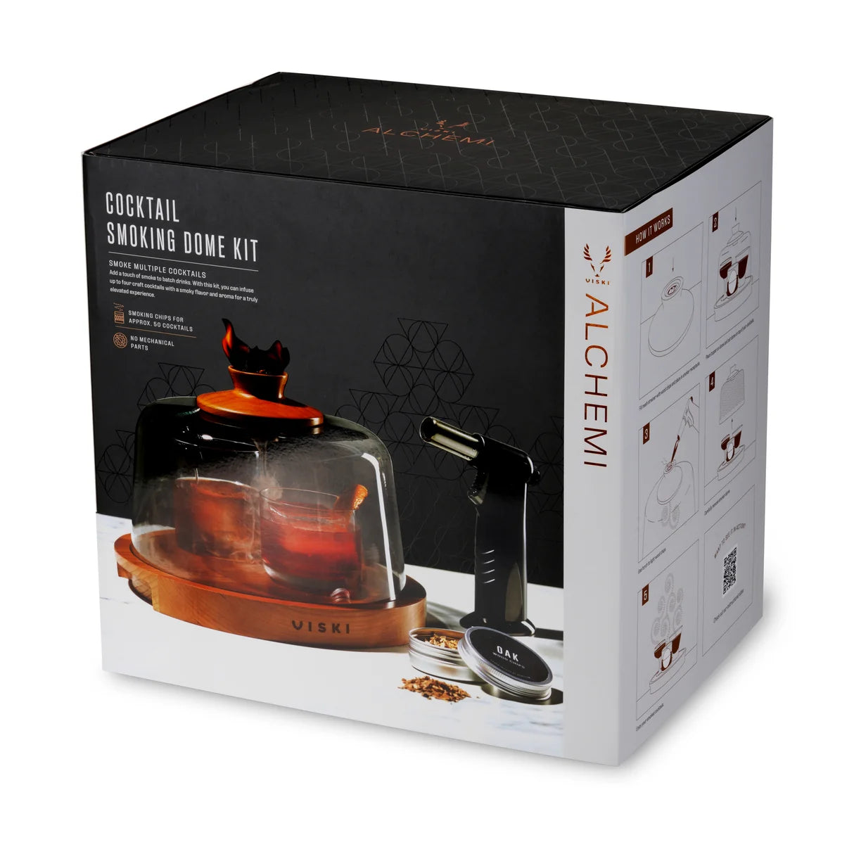 Alchemi Cocktail Smoking Dome Kit retail packaging box, featuring a black and white design with an illustration of the glass dome smoking apparatus and accessories.