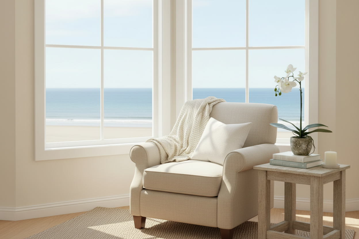 White orchid in coastal reading nook with neutral rug