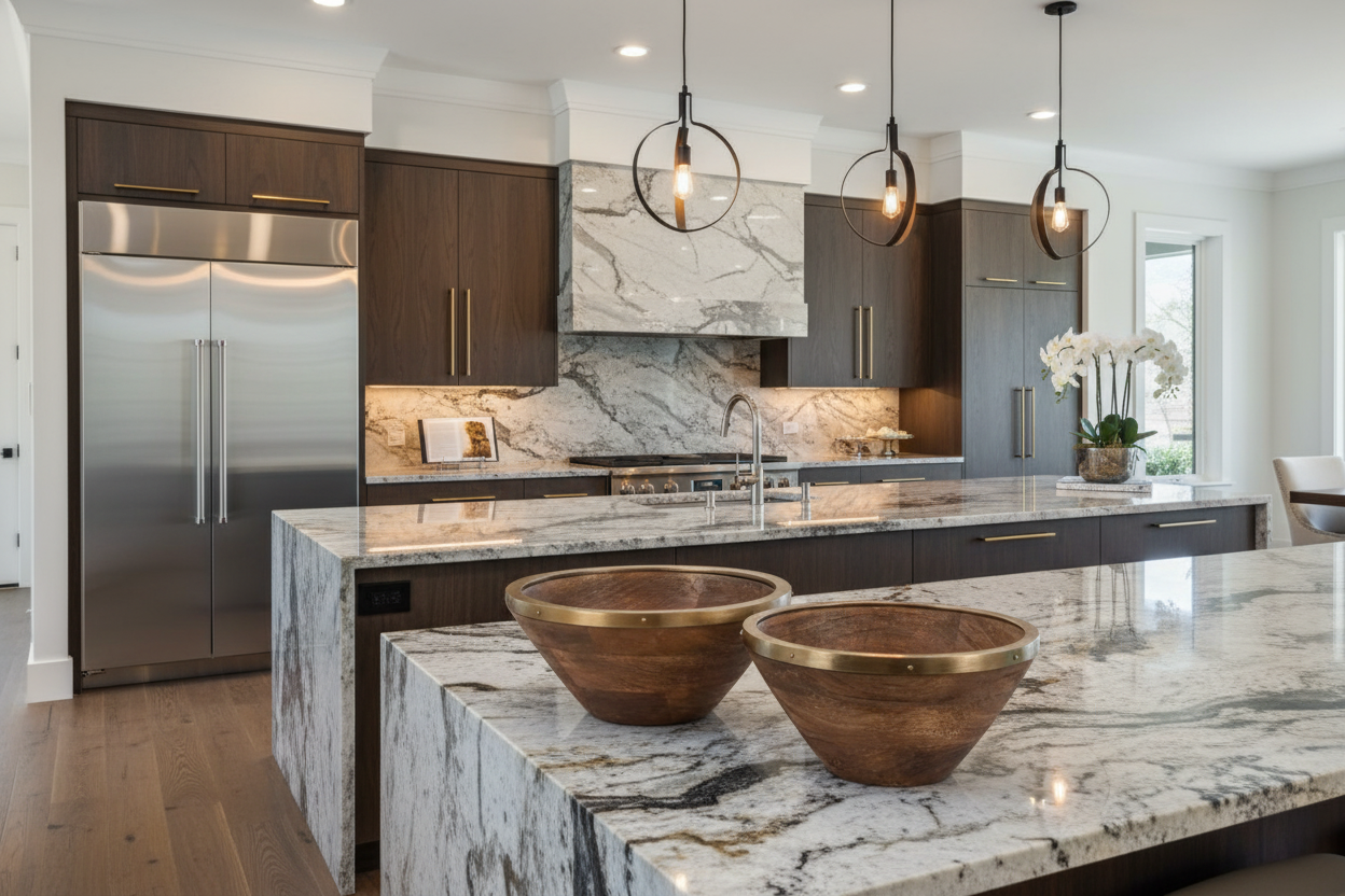 Wooden bowls in luxury kitchen