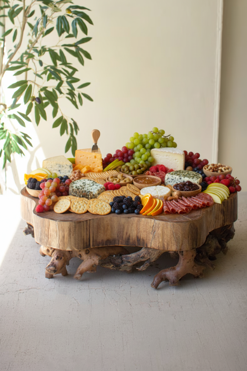 Wooden table with cheese and fruit
