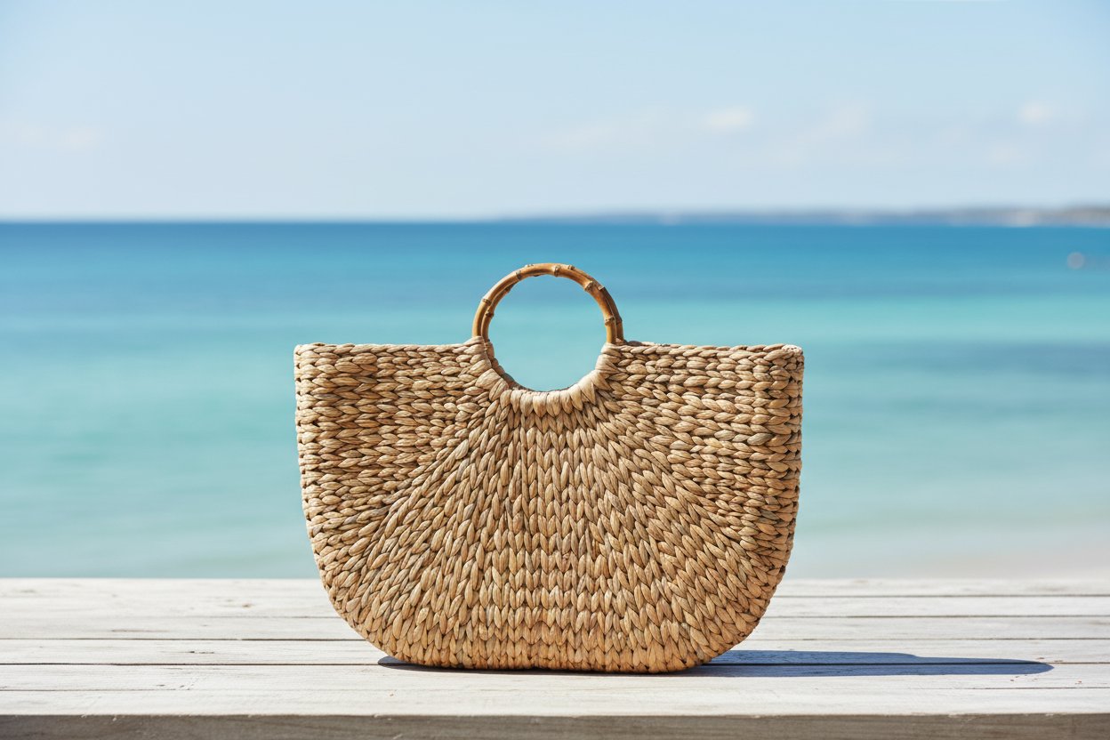 Woven basket bag on table with ocean background, no feathers