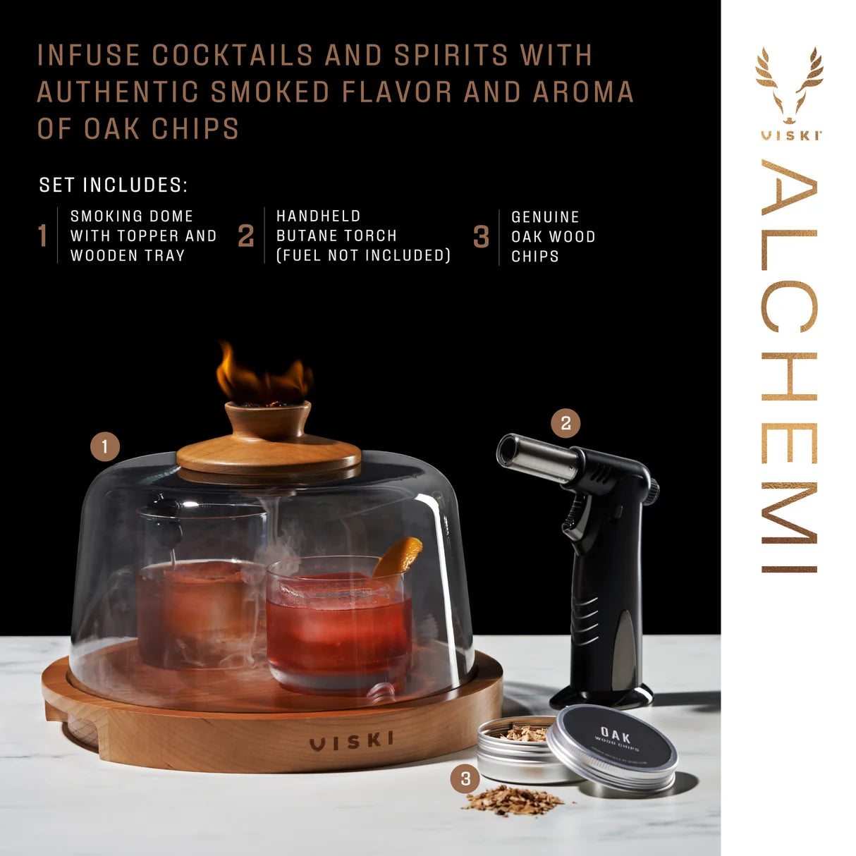 Viski Alchemi cocktail smoking kit with smoking dome, torch, and oak wood chips on a white surface.